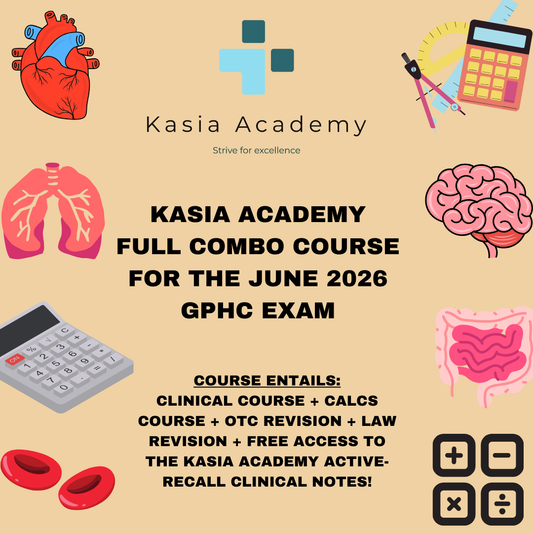 KASIA ACADEMY COMBO COURSE: CLINICAL COURSE + CALCS COURSE + OTC REVISION + LAW REVISION + FREE ACCESS TO THE KASIA ACADEMY ACTIVE-RECALL CLINICAL NOTES! (TRAINEES SITTING EXAM IN JUNE 2026)