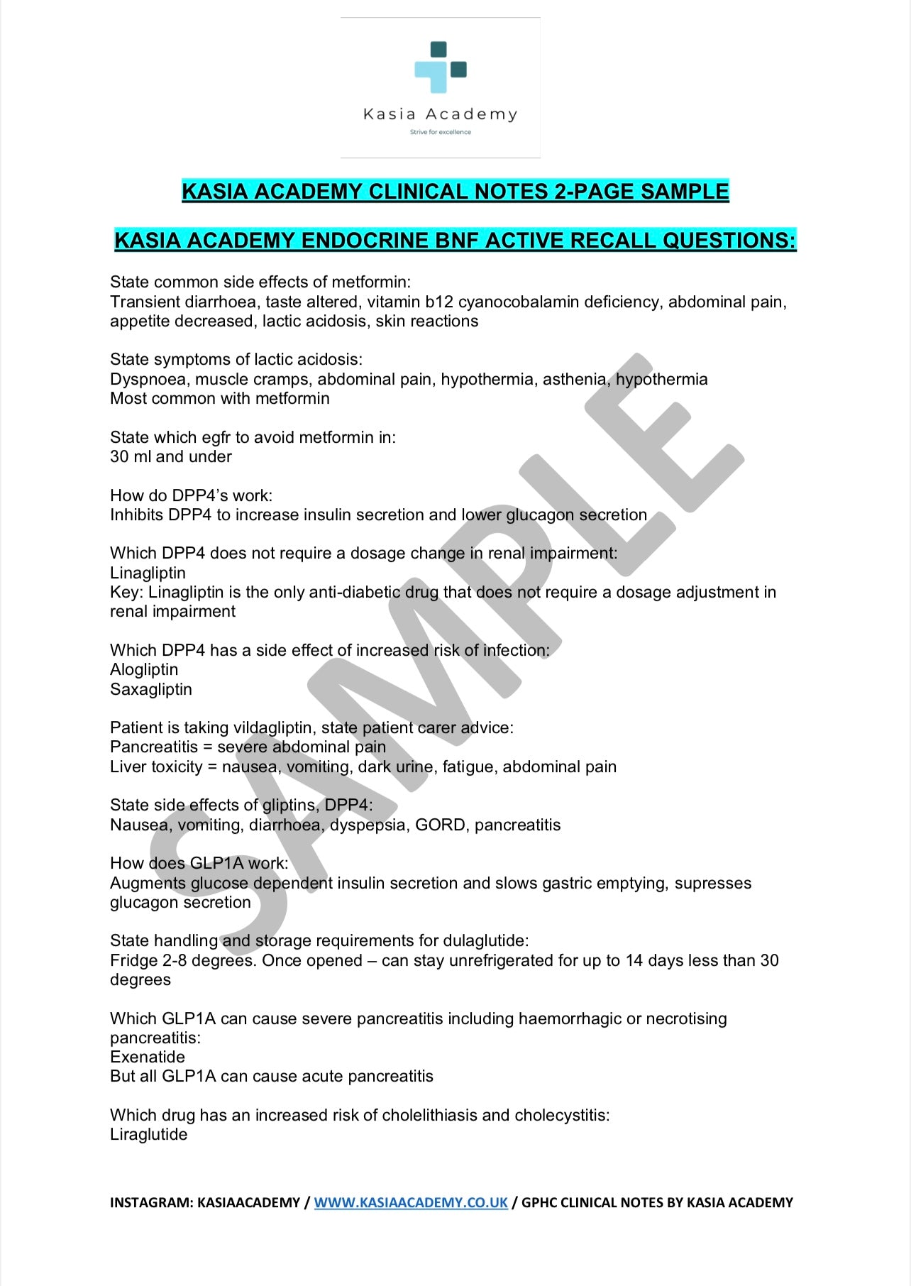 KASIA ACADEMY ACTIVE-RECALL CLINICAL NOTES FOR THE GPHC EXAM | USE THE EXACT SAME CLINICAL NOTES THAT ENABLED THE FOUNDER SCORE 87.5% (105/120) IN THE GPHC CLINICAL EXAM |