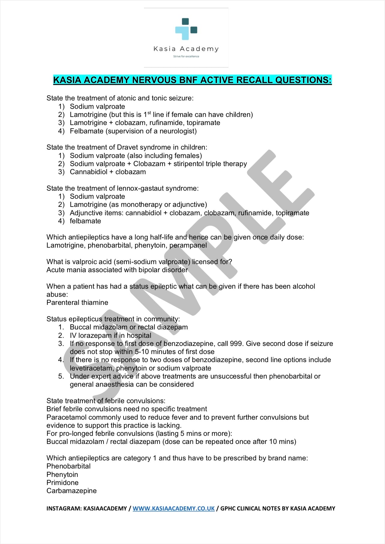 KASIA ACADEMY ACTIVE-RECALL CLINICAL NOTES FOR THE GPHC EXAM | USE THE EXACT SAME CLINICAL NOTES THAT ENABLED THE FOUNDER SCORE 87.5% (105/120) IN THE GPHC CLINICAL EXAM |